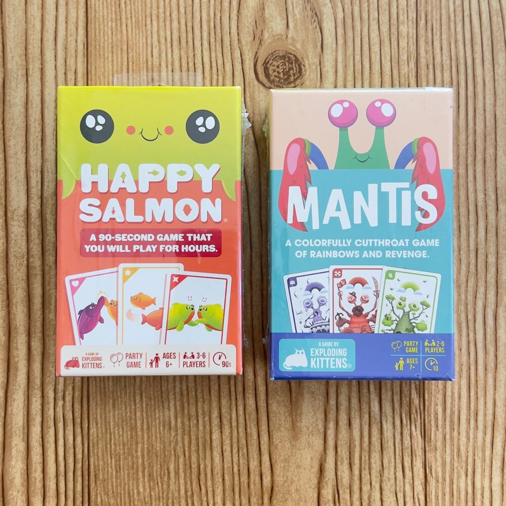 Bundle of 2 - Exploding Kittens Happy Salmon & Mantis Card Party Game - NEW!